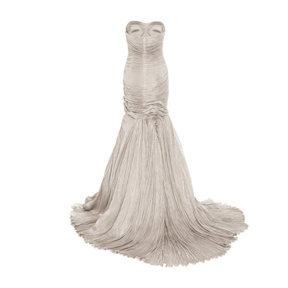 Strapless hand pleated satin - like draped mermaid gown with soft wires on the bottom and tulle underlay