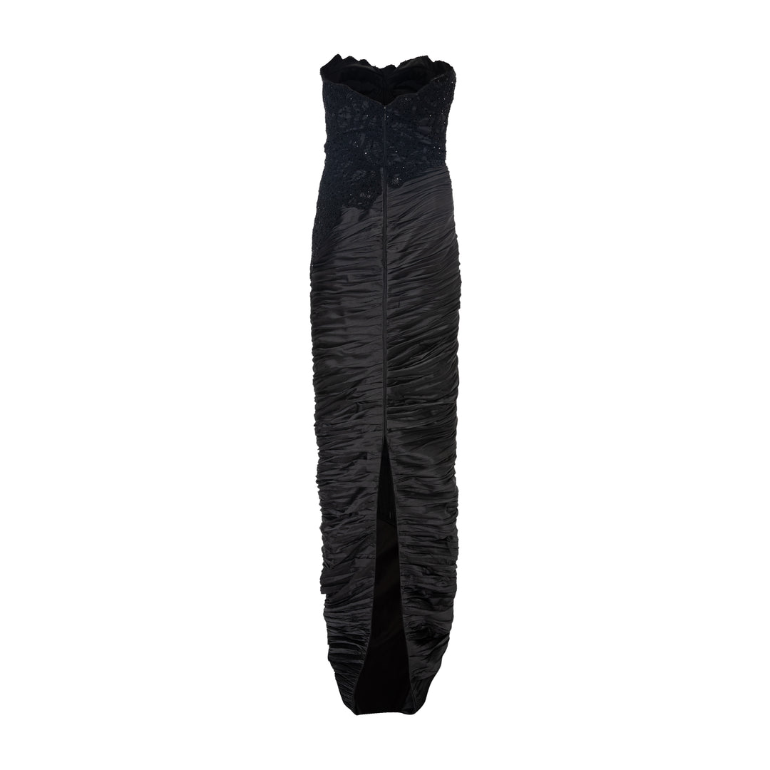 Strapless hand pleated draped taftah dress