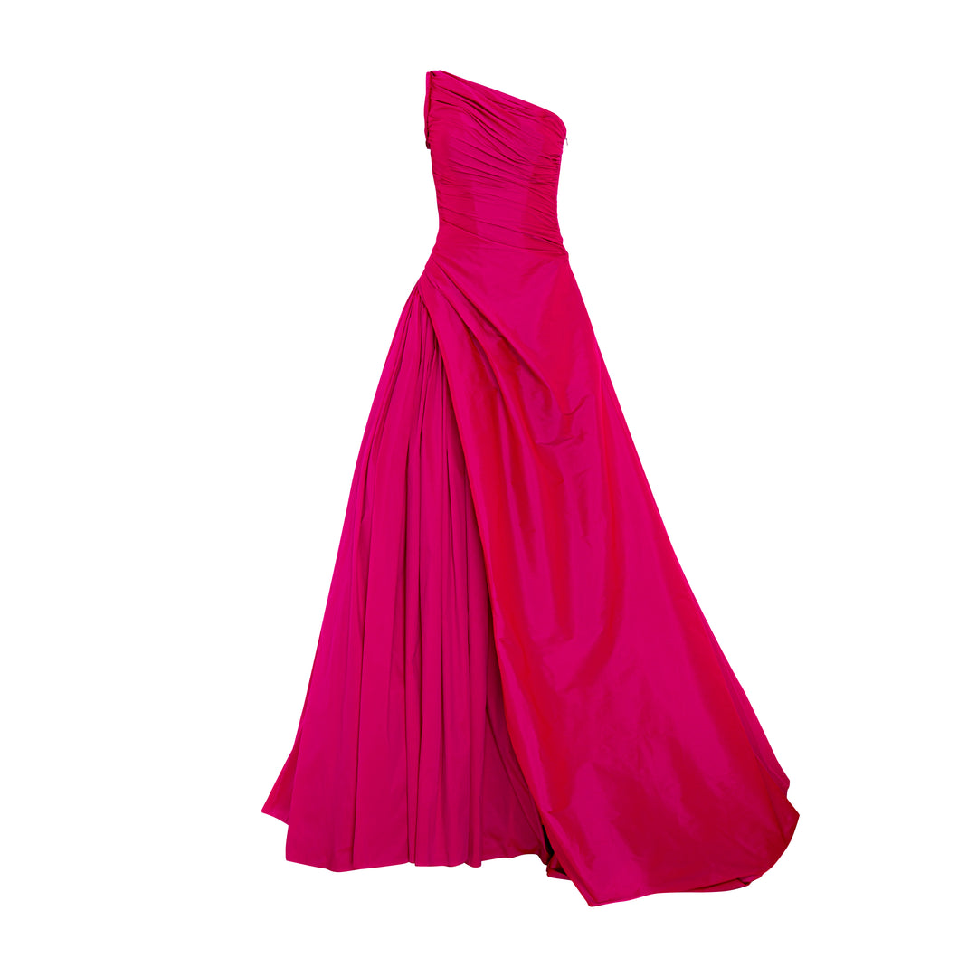 One shoulder draped tafeta gown with slit