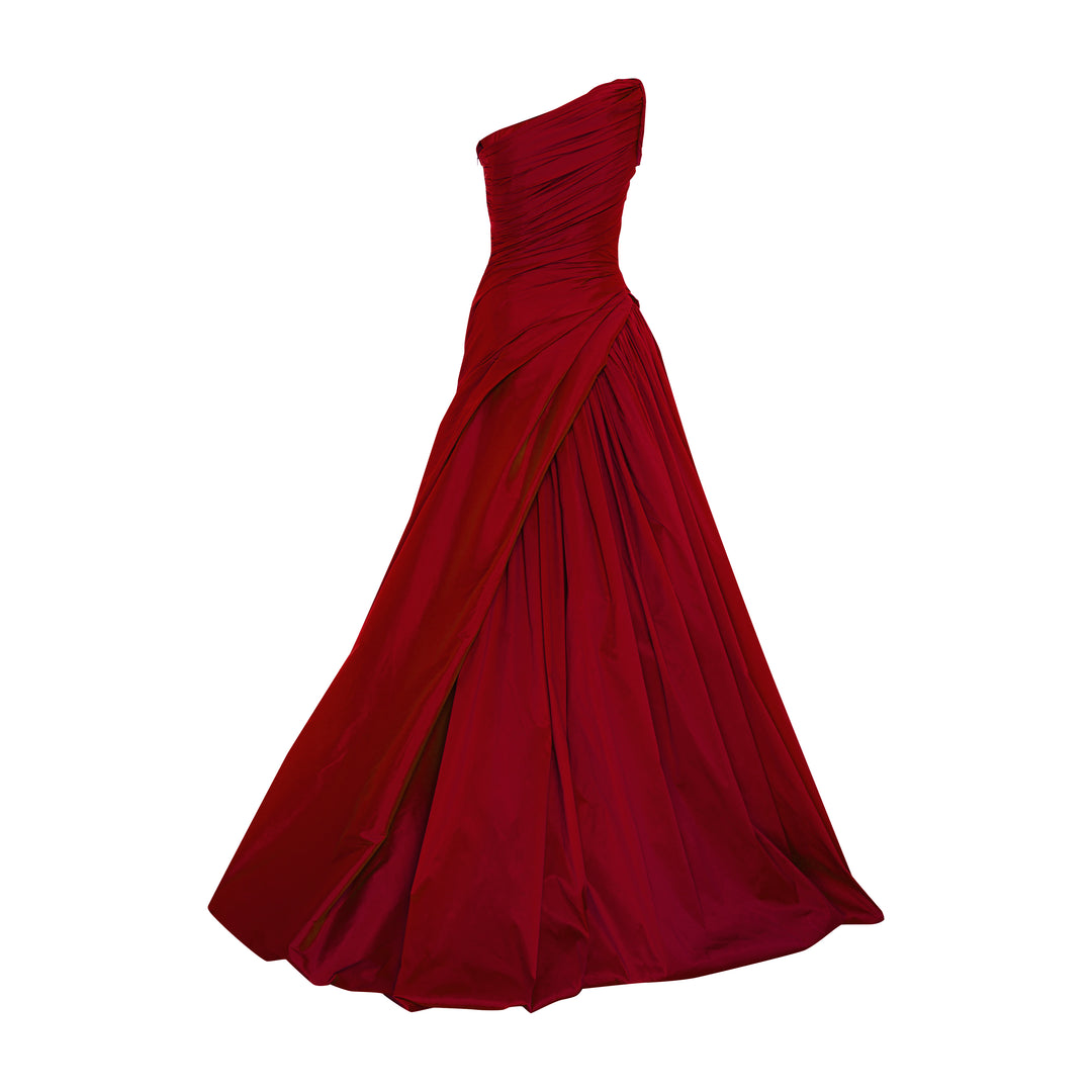 One shoulder draped tafeta gown with slit