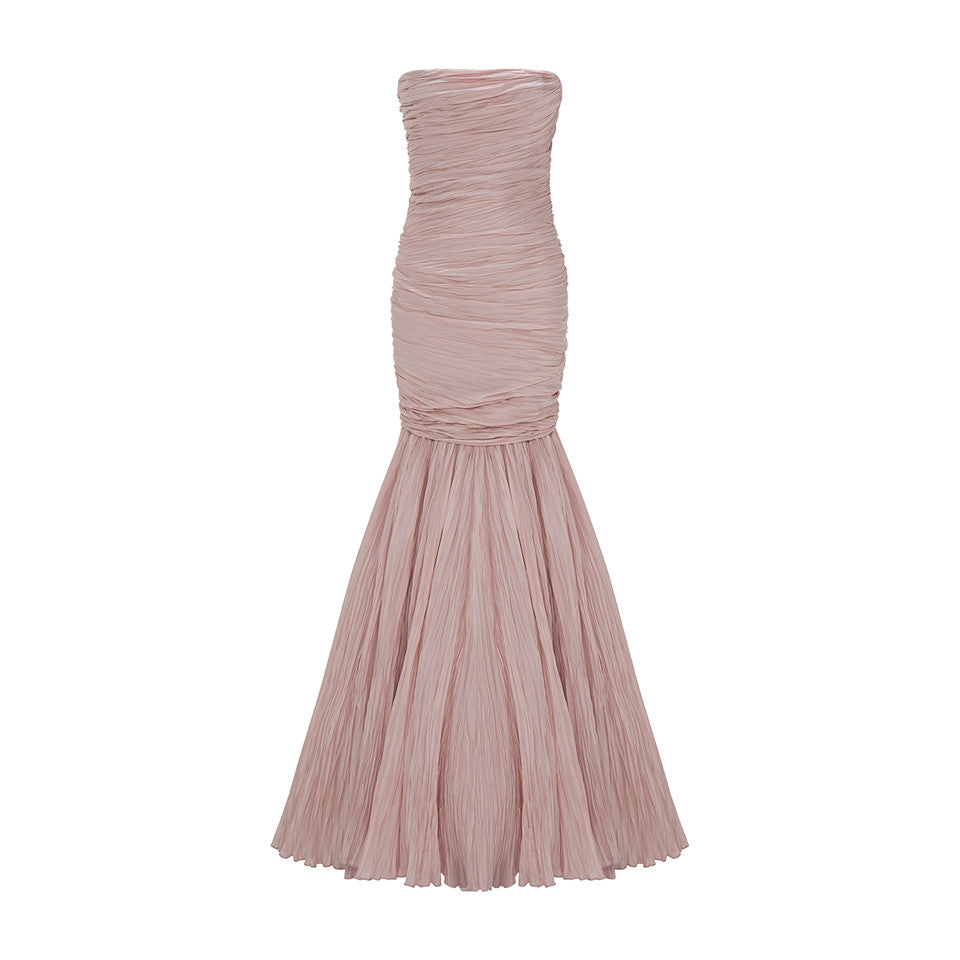 STRAPLESS FISH CUT HAND PLEATED TAFFETA DRESS WITH CAPE