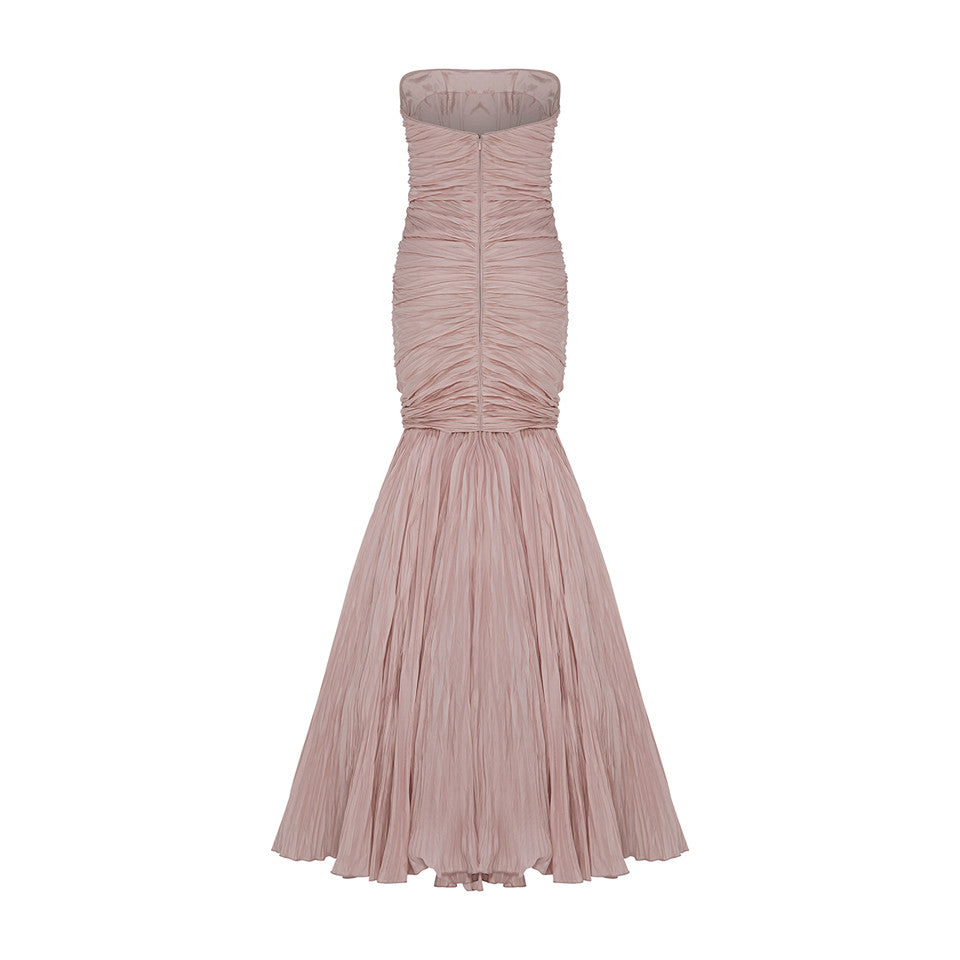 STRAPLESS FISH CUT HAND PLEATED TAFFETA DRESS WITH CAPE