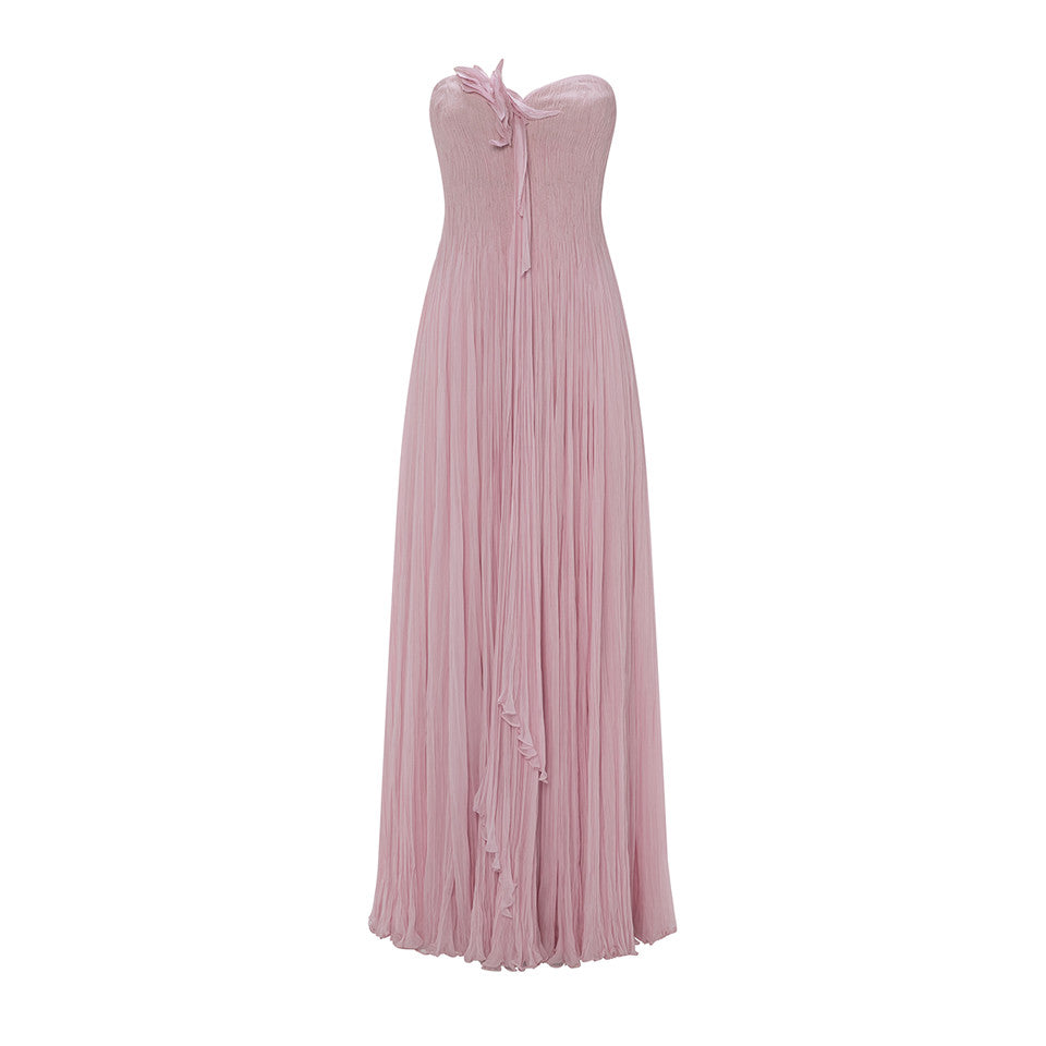 STRAPLESS CHIFFON GEORGETTE DRESS WITH EMBROIDERED PETALS ON BUST