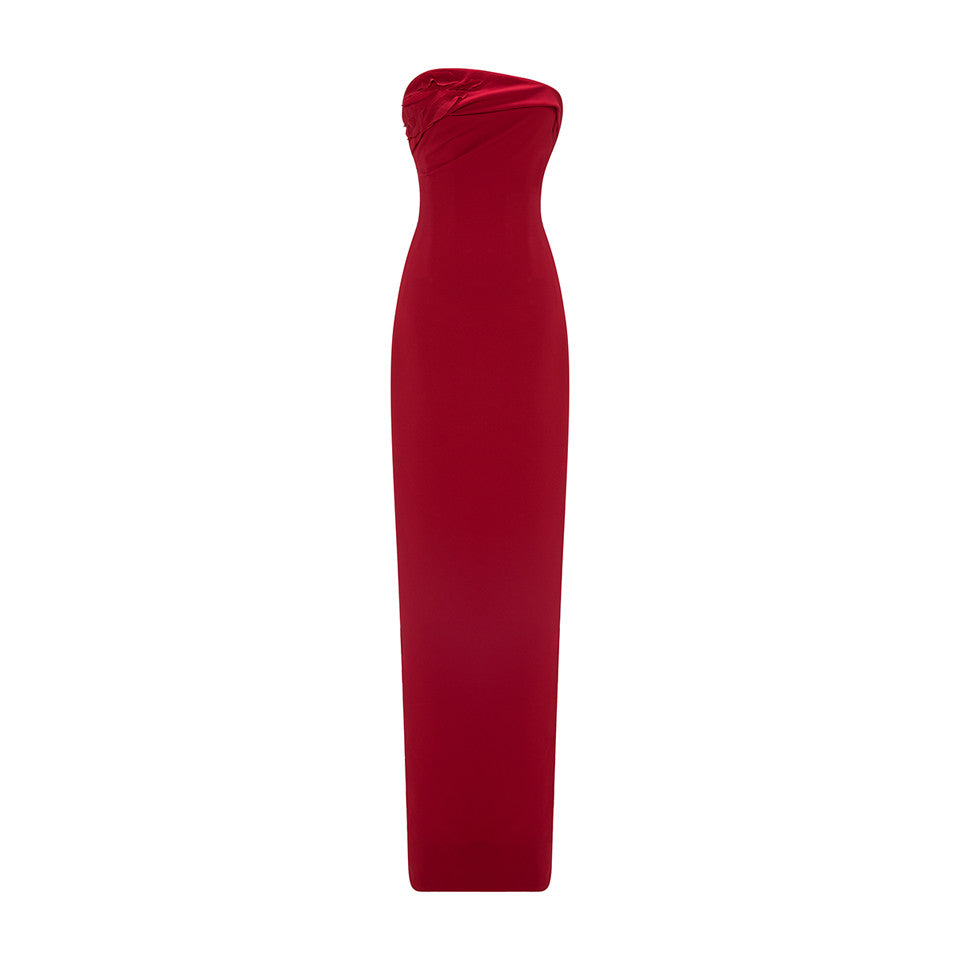 STRAPLESS ASYMMETRCAL CREPE GOWN WITH EMBROIDERED PETALS