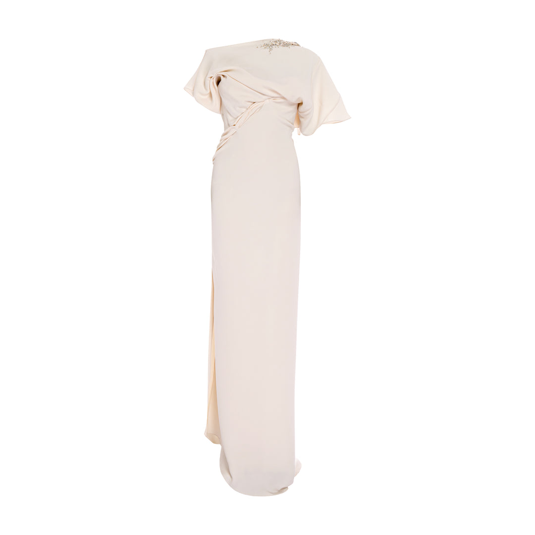 Dropped shoulder - draped Crepe dress with embroidery detail on the back strap