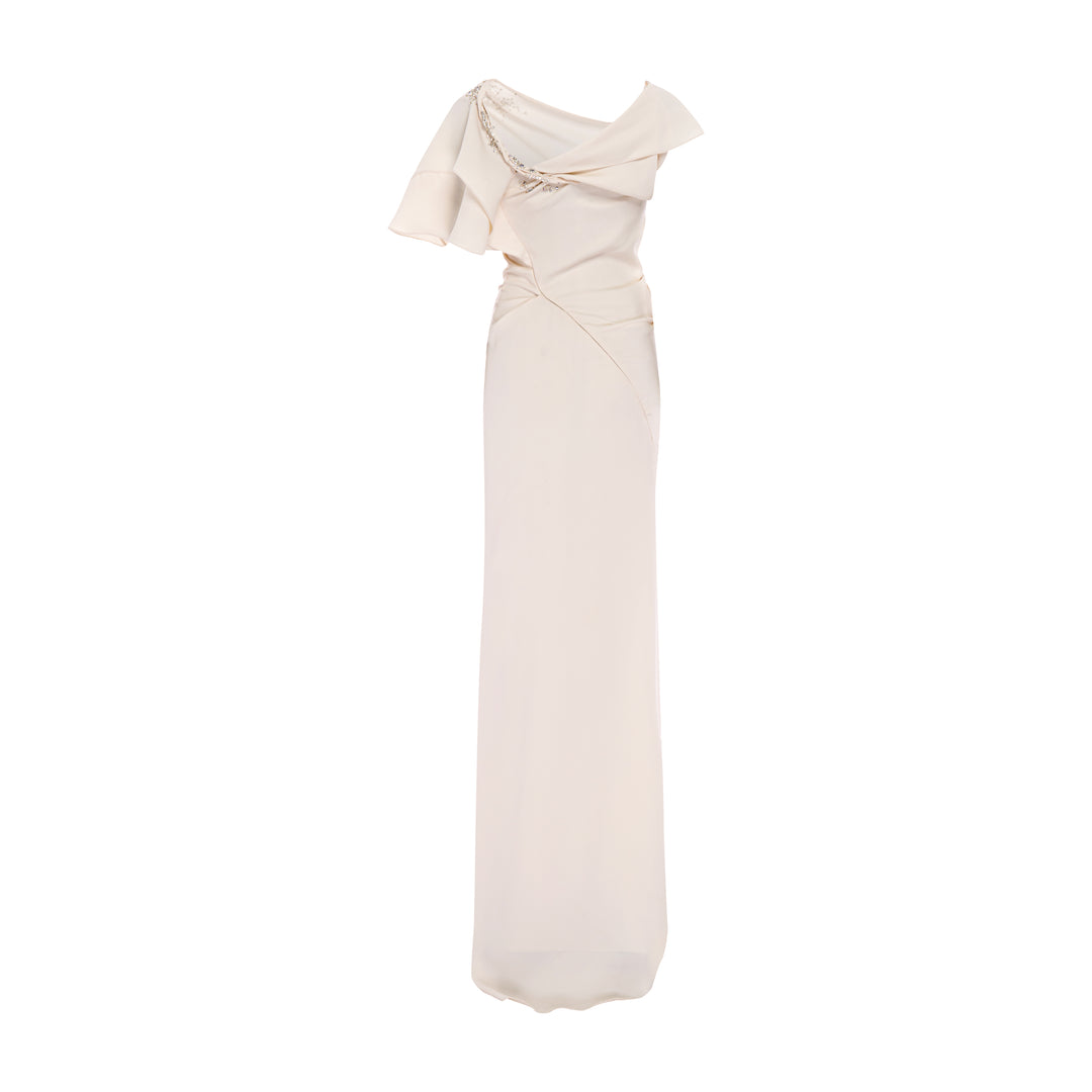 Dropped shoulder - draped Crepe dress with embroidery detail on the back strap