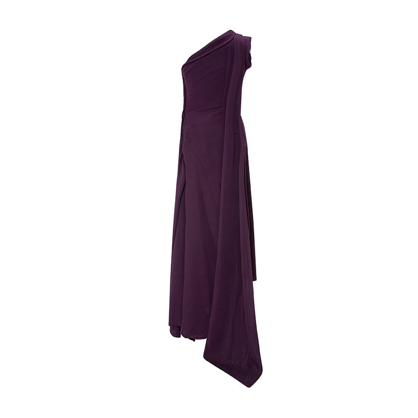 One Shoulder Crepe Dress With Cape