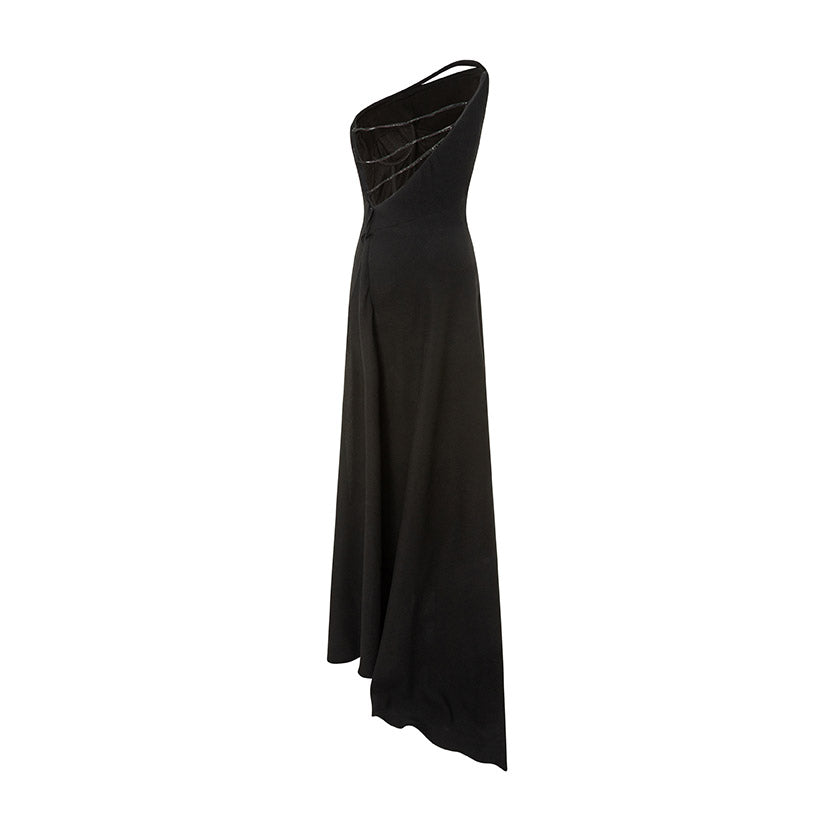 Asymmetrical Crepe Backless Dress With Embroidered Back Straps
