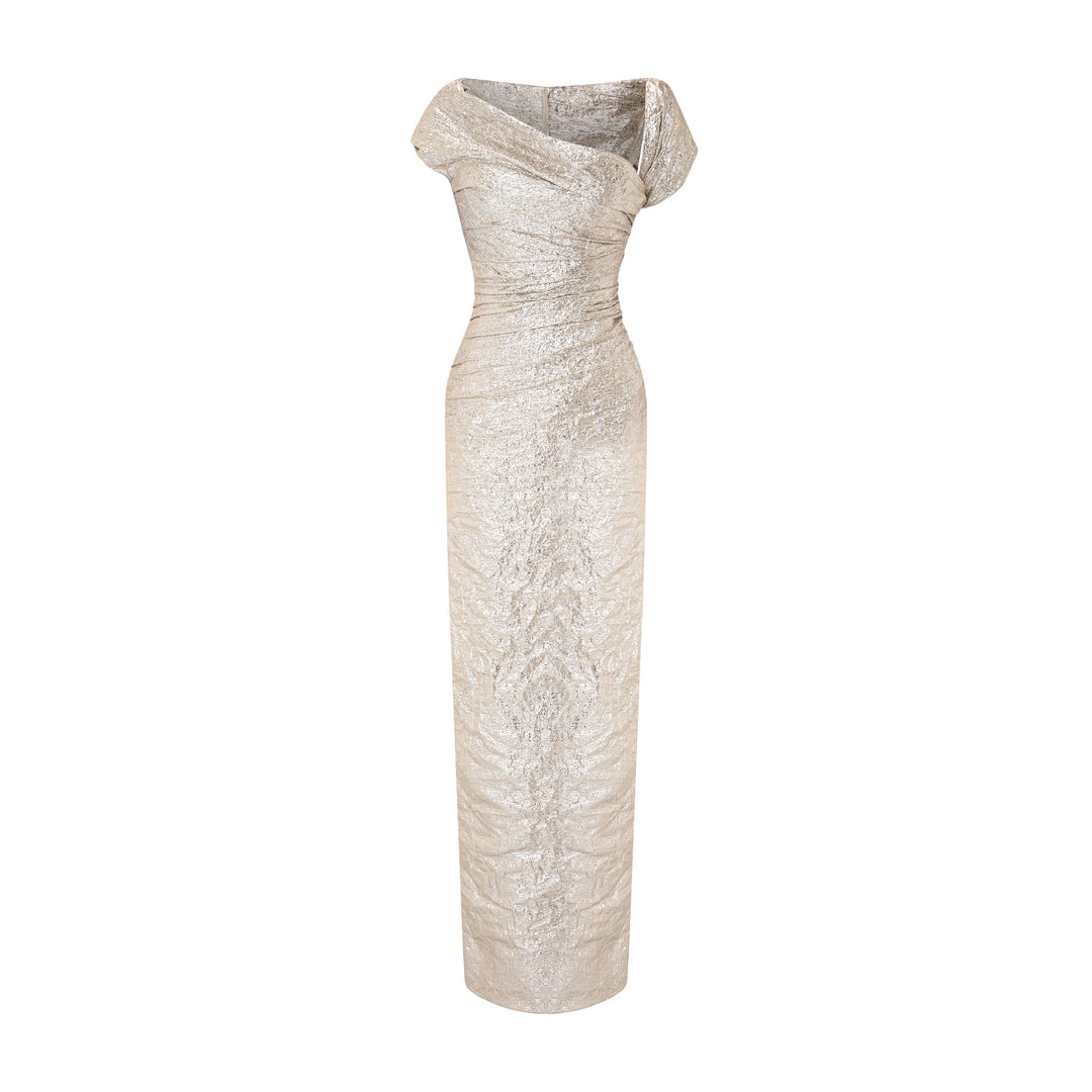 Asymmetrical Metallic Brocade Dress