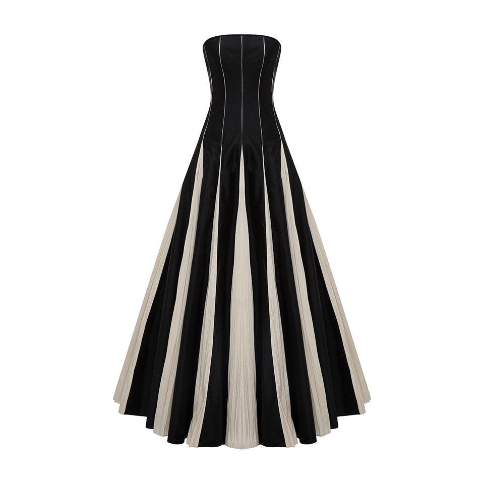 STRAPLESS A-LINE TAFFETA DRESS WITH PIPING PLEATED DETAIL
