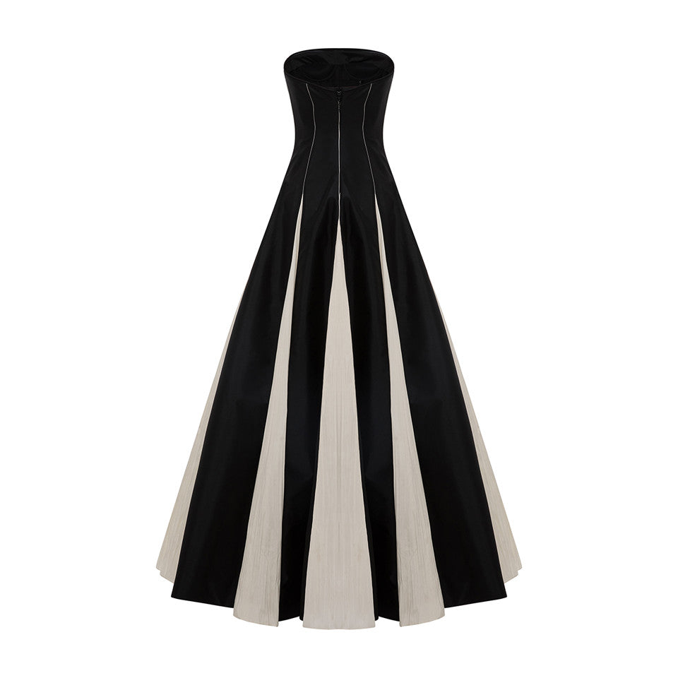 STRAPLESS A-LINE TAFFETA DRESS WITH PIPING PLEATED DETAIL