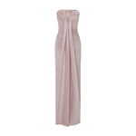 Load image into Gallery viewer, STRAPLESS PLEATED DUCHESSE SATIN DRESS WITH DUCHESSE SATIN BACK CAPE
