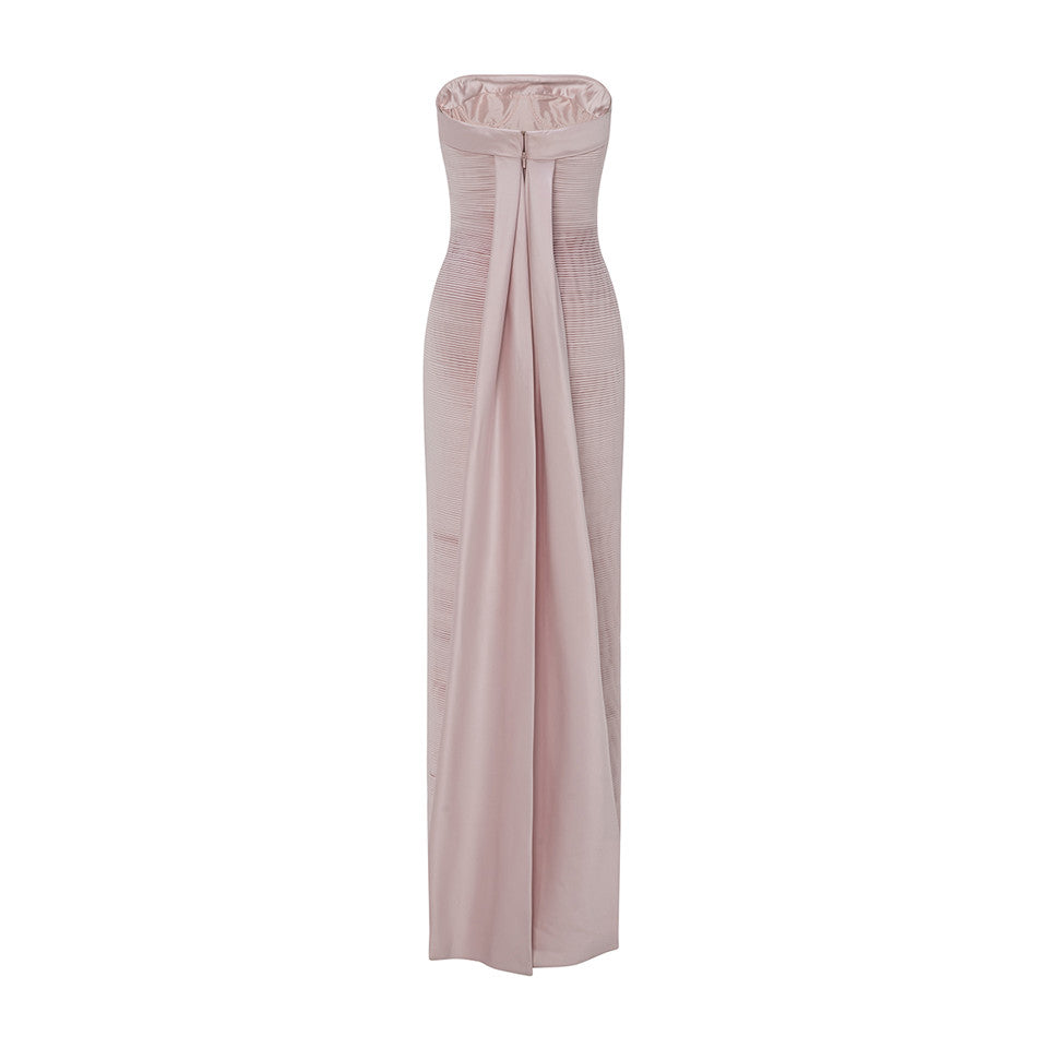 STRAPLESS PLEATED DUCHESSE SATIN DRESS WITH DUCHESSE SATIN BACK CAPE