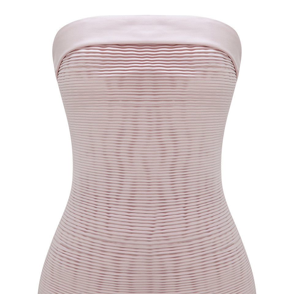 STRAPLESS PLEATED DUCHESSE SATIN DRESS WITH DUCHESSE SATIN BACK CAPE