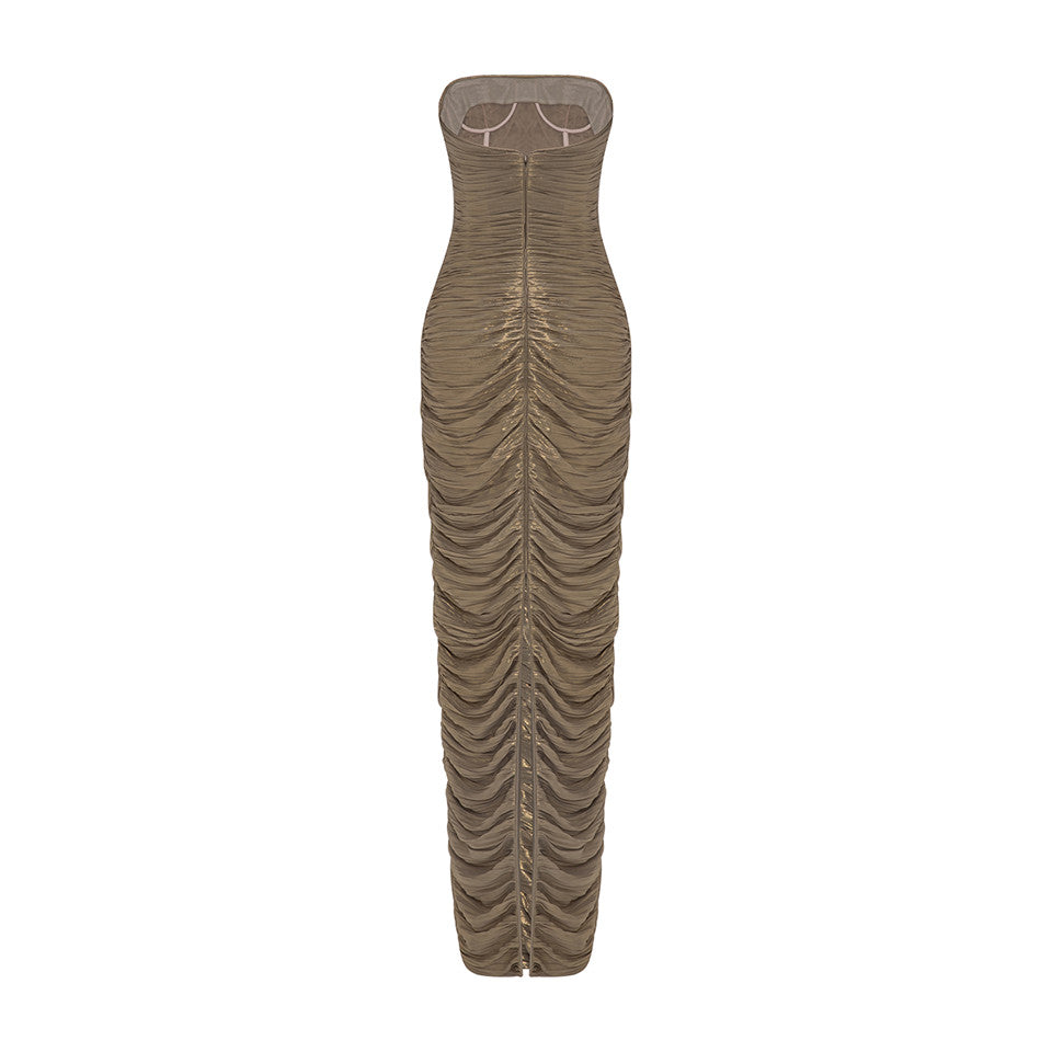 STRAPLESS SILK HAND PLEATED DRESS WITH HAND PLEATED CAPE