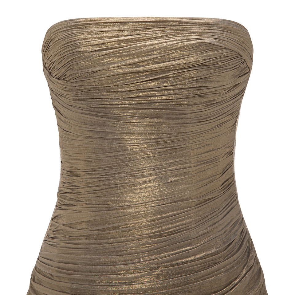 STRAPLESS SILK HAND PLEATED DRESS WITH HAND PLEATED CAPE