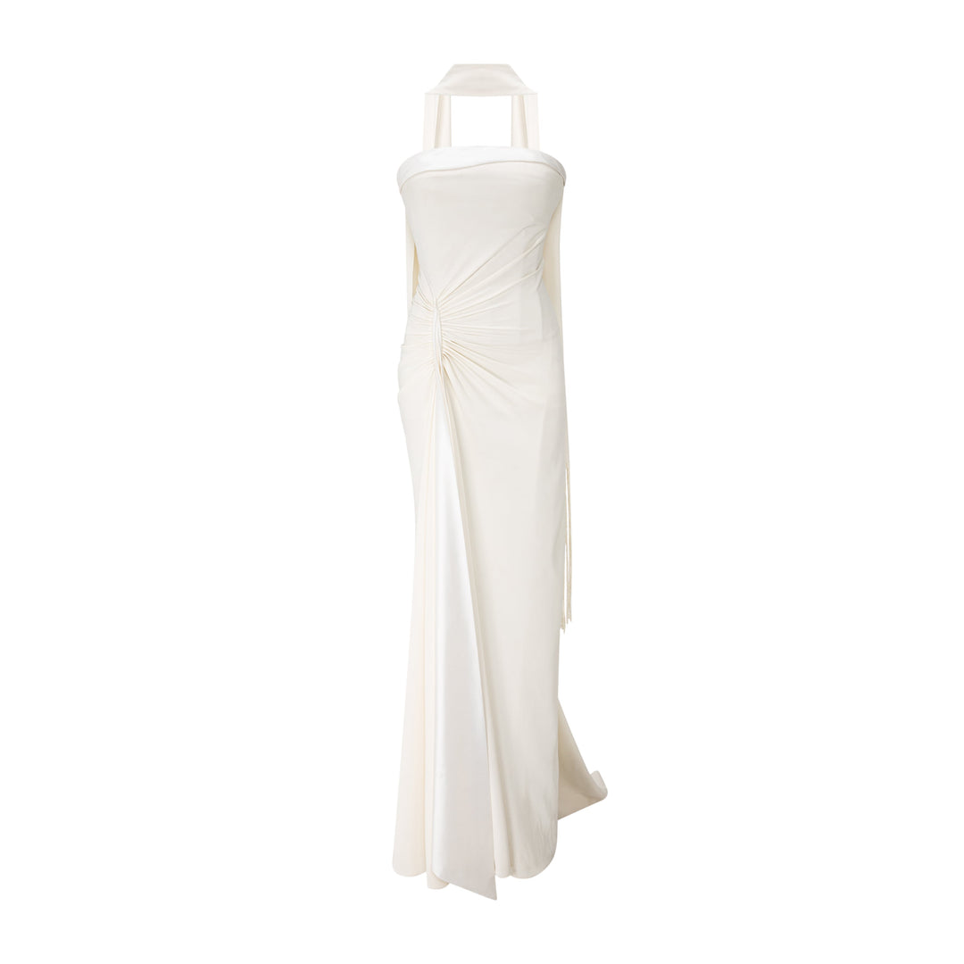 Strapless Crepe With Satin Detail Dress With Scarf