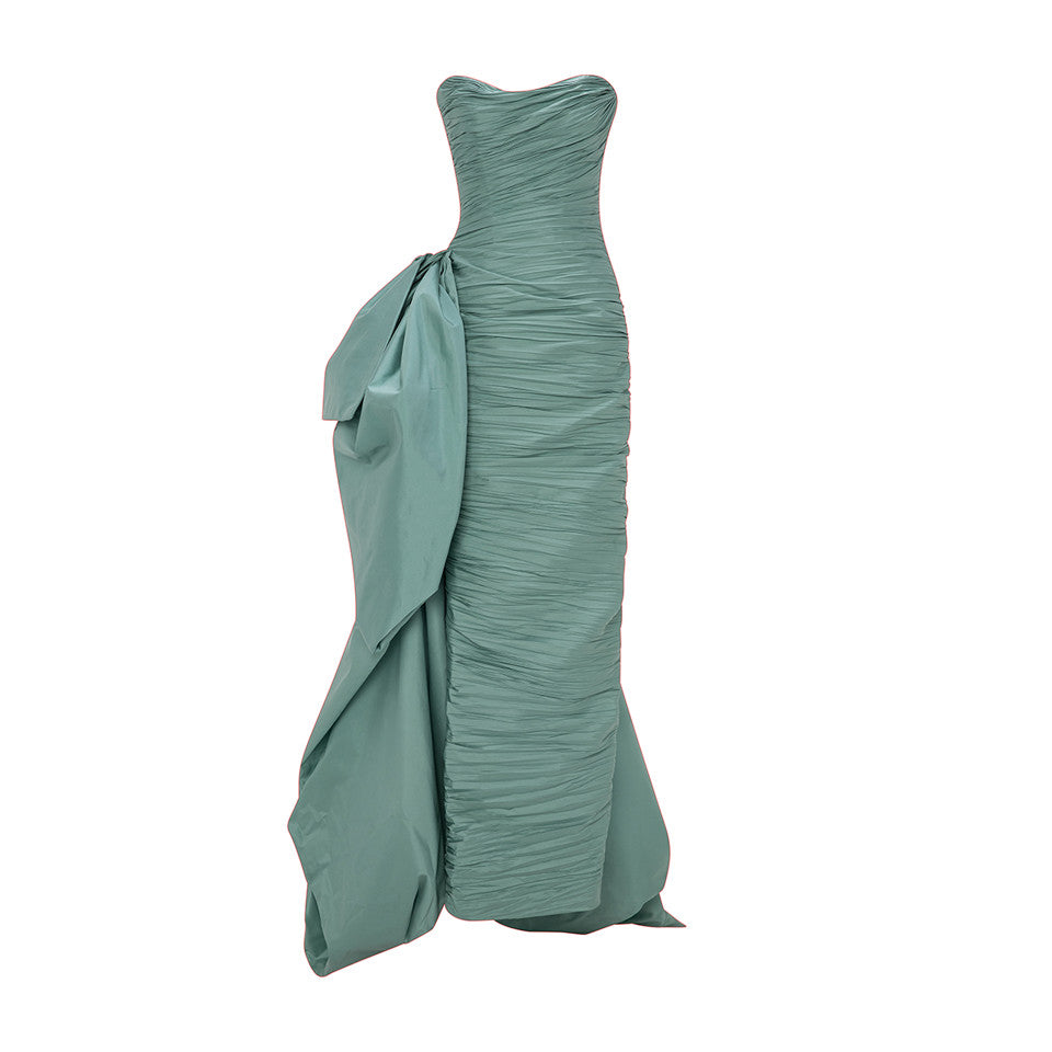 STRAPLESS PLEATED TAFFETA DRESS WITH DRAPED OVER SKIRT