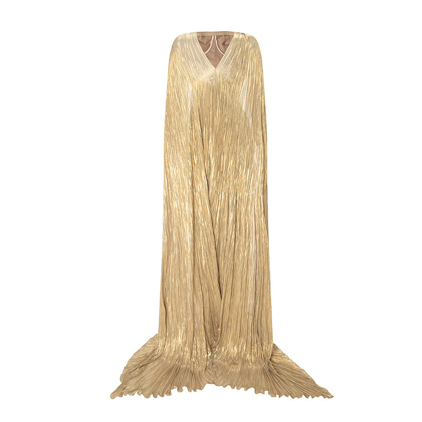 Strapless Pleated Silk Dress With Slit And Detachable Cape