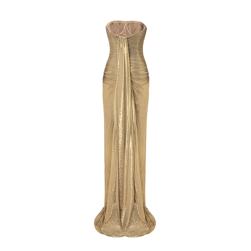 Strapless Pleated Silk Dress With Slit And Detachable Cape