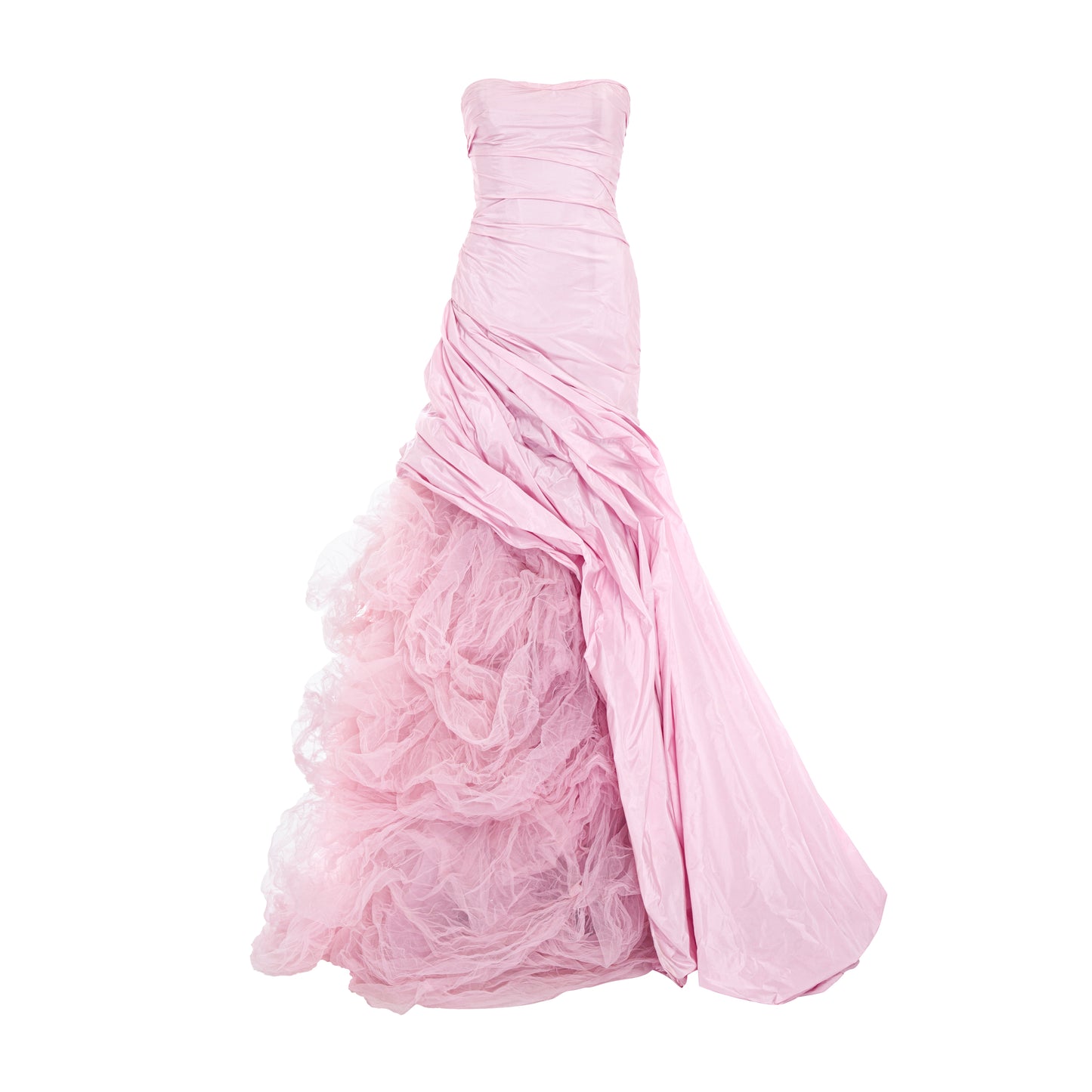 Strapless Italian Tafeta draped gown with hand pleated Tulle underneath