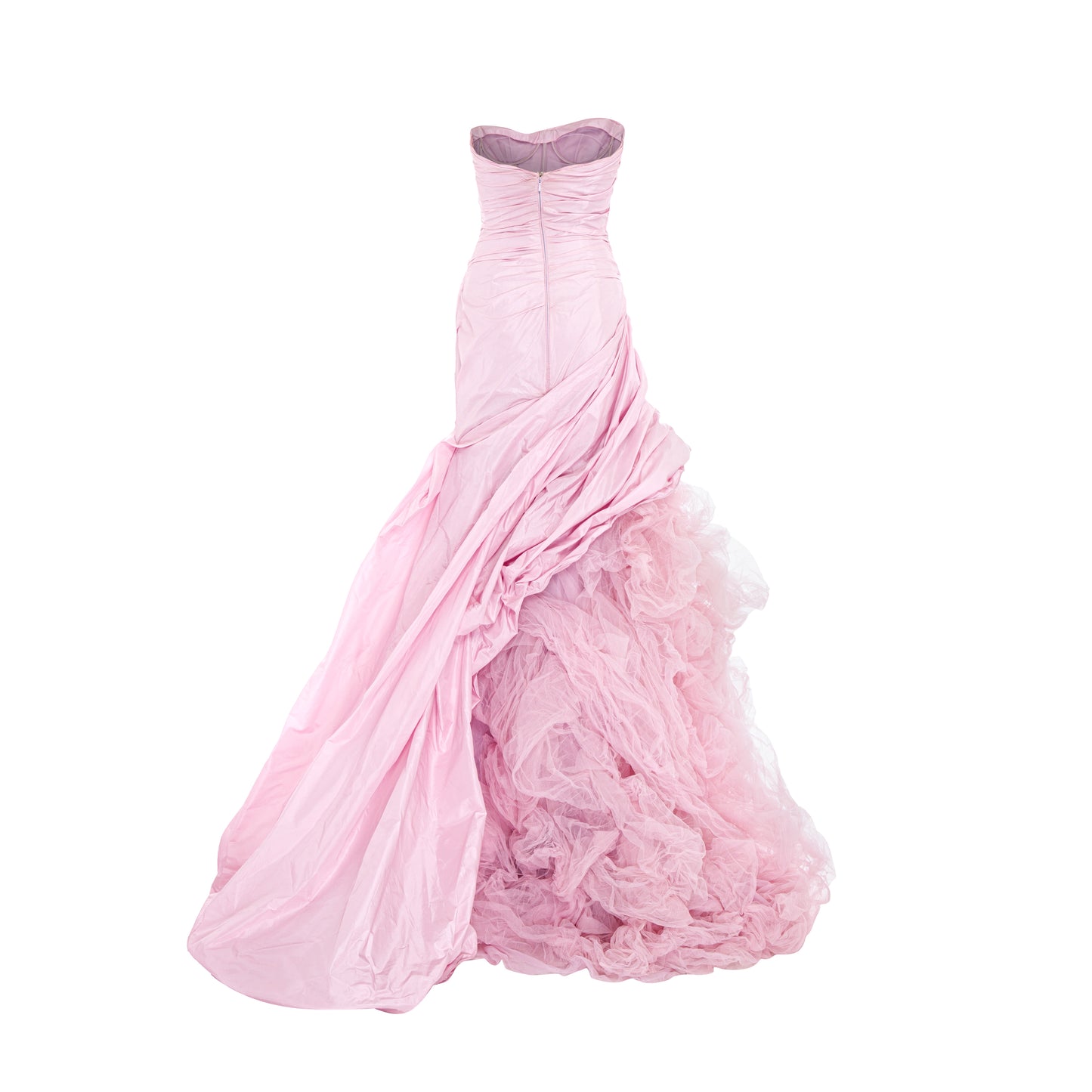 Strapless Italian Tafeta draped gown with hand pleated Tulle underneath