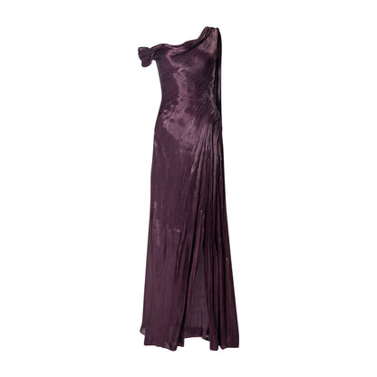 Hand pleated draped Satin-like gown with one shoulder cape