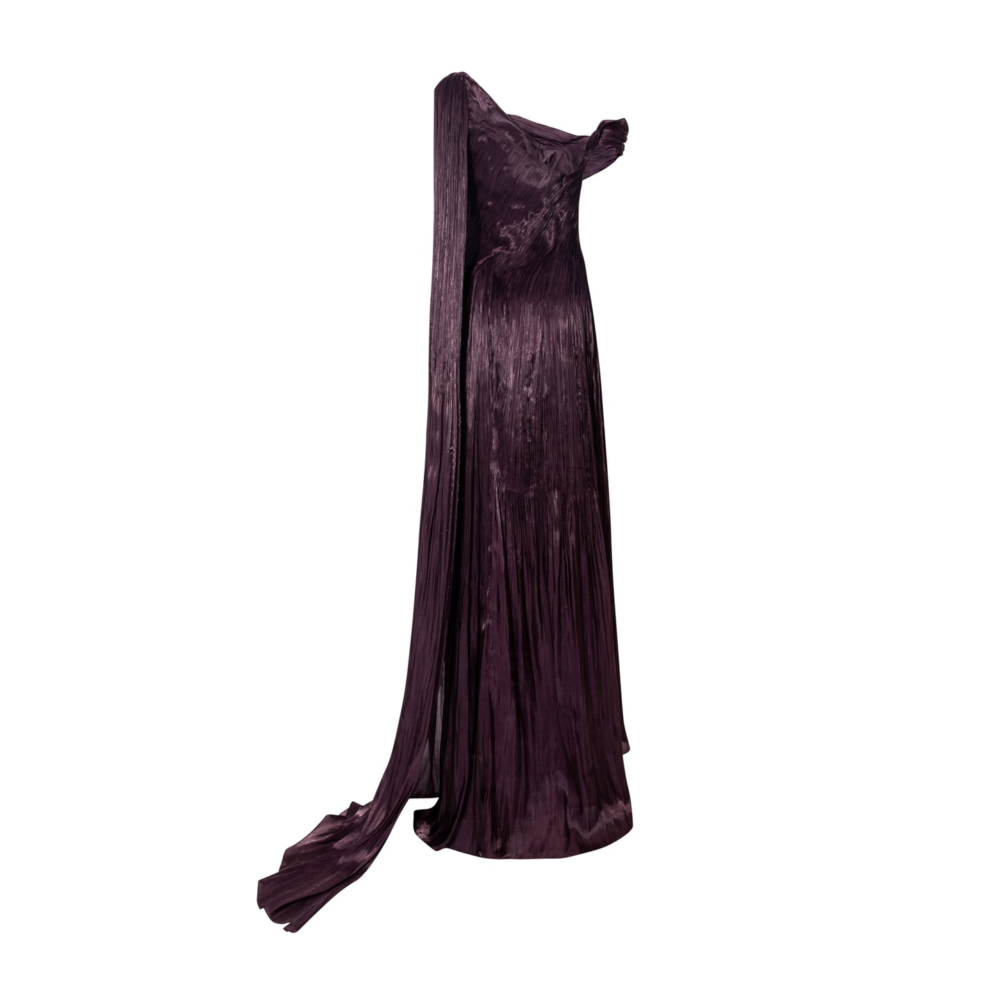 Hand pleated draped Satin-lik egown with one shoulder cape – marmar halim