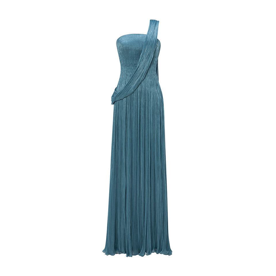 STRAPLESS SILK ROSEYA PLEATED DRESS WITH CAPE ATTACHED