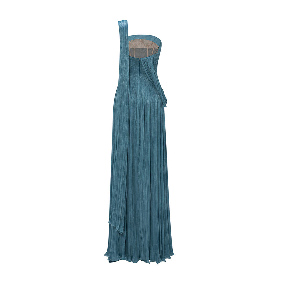 STRAPLESS SILK ROSEYA PLEATED DRESS WITH CAPE ATTACHED