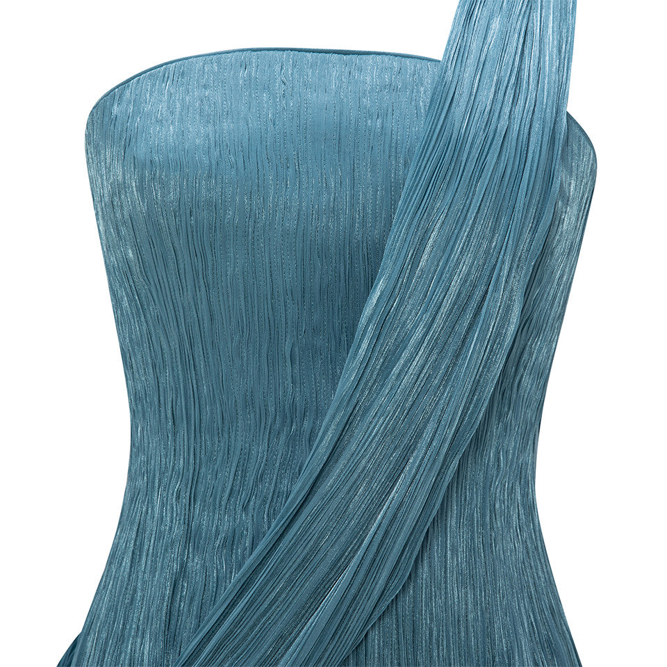 STRAPLESS SILK ROSEYA PLEATED DRESS WITH CAPE ATTACHED