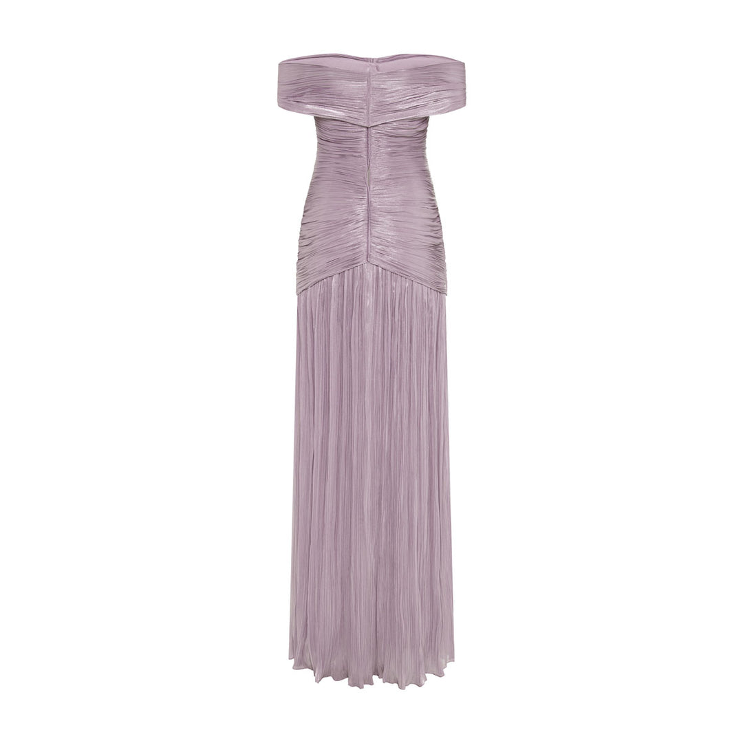RUCHED SILK SATIN OFF SHOULDER GOWN