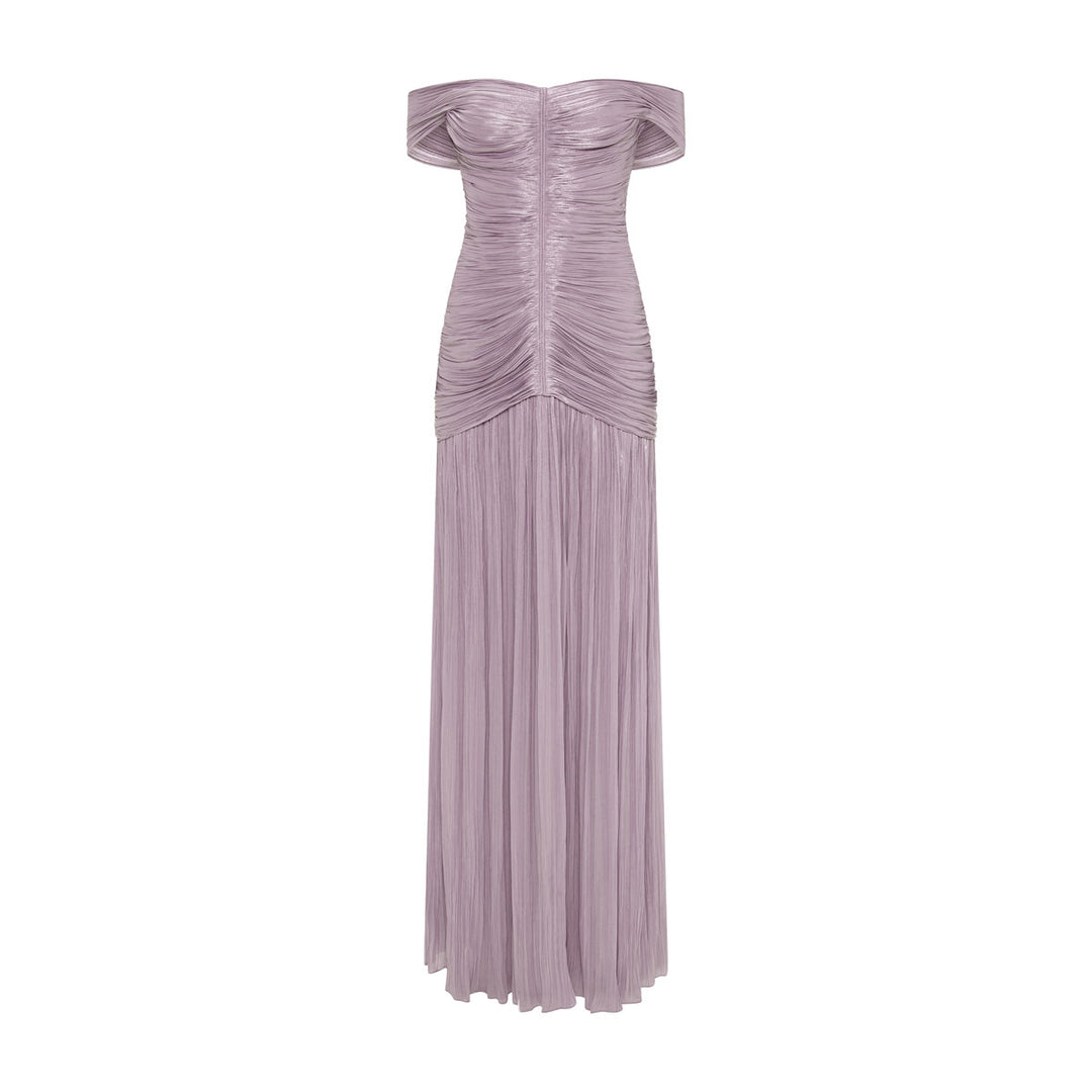 RUCHED SILK SATIN OFF SHOULDER GOWN