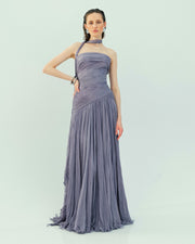 ALINA - STRAPLESS PLEATED CHIFFON GOWN WITH CAPE