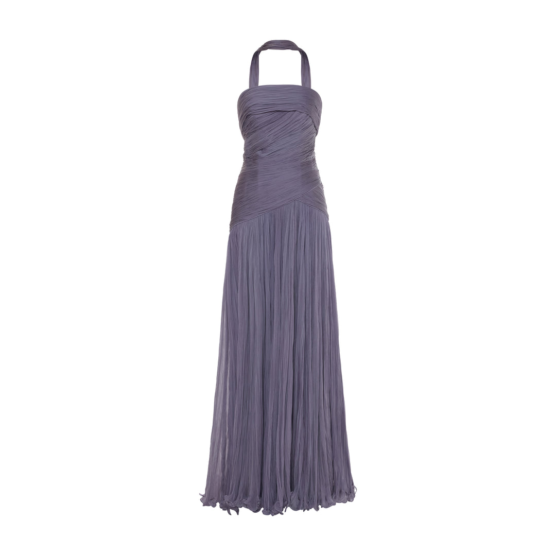 ALINA - STRAPLESS PLEATED CHIFFON GOWN WITH CAPE