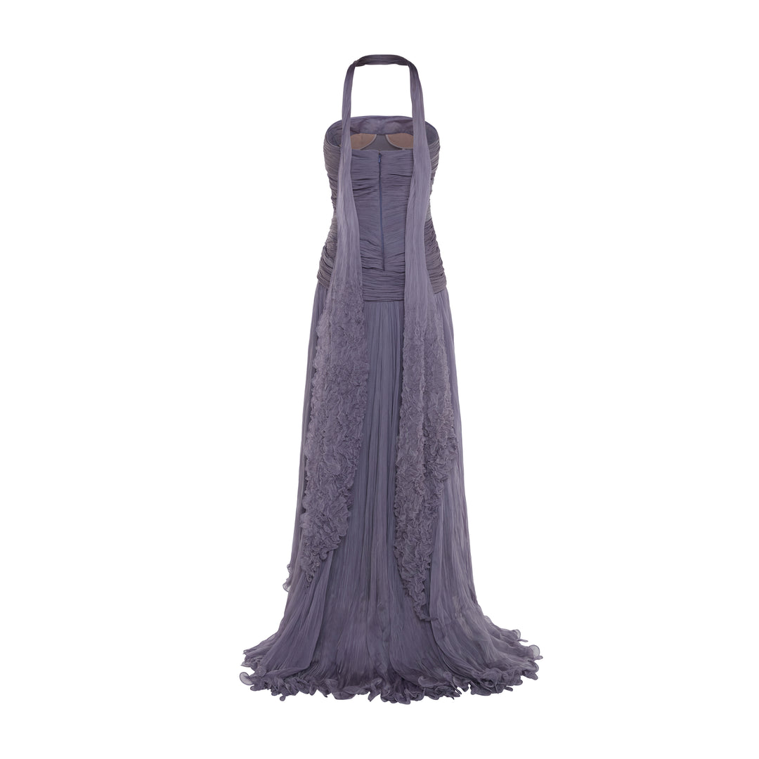 ALINA - STRAPLESS PLEATED CHIFFON GOWN WITH CAPE