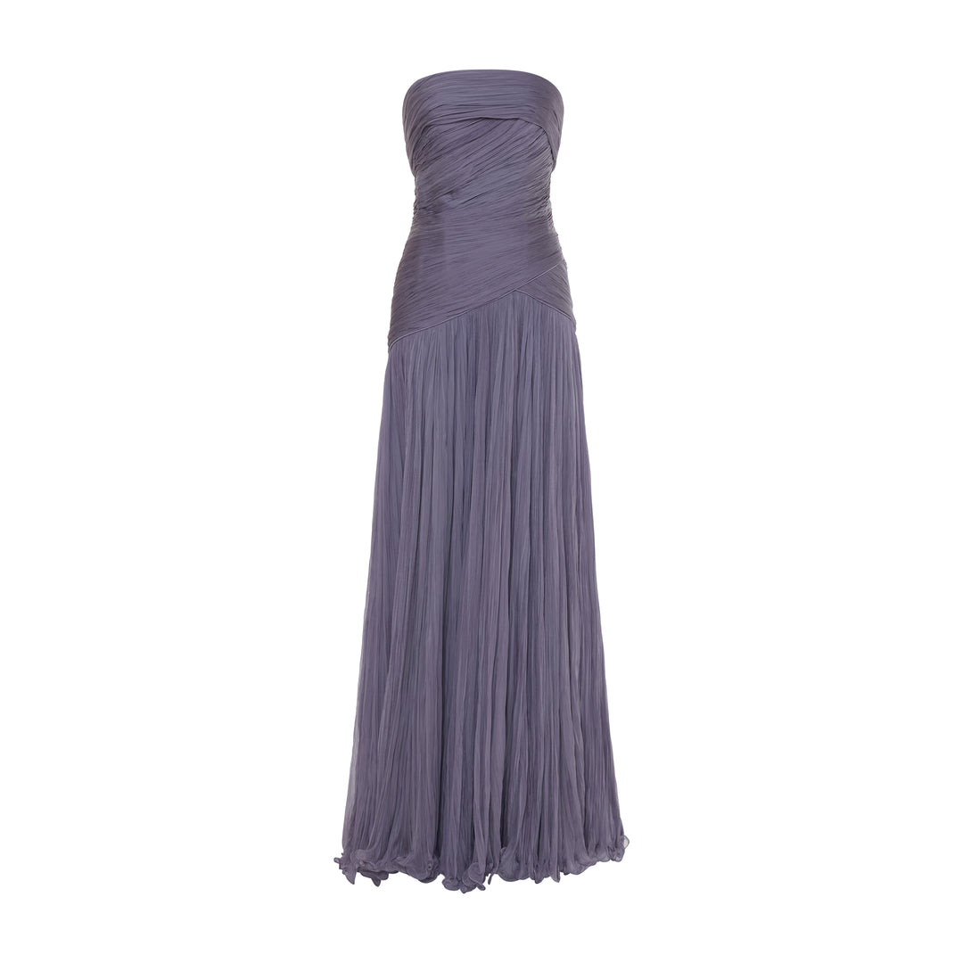 ALINA - STRAPLESS PLEATED CHIFFON GOWN WITH CAPE