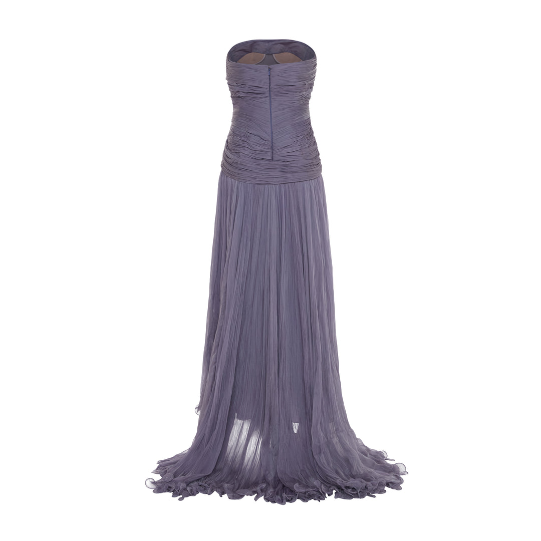 ALINA - STRAPLESS PLEATED CHIFFON GOWN WITH CAPE
