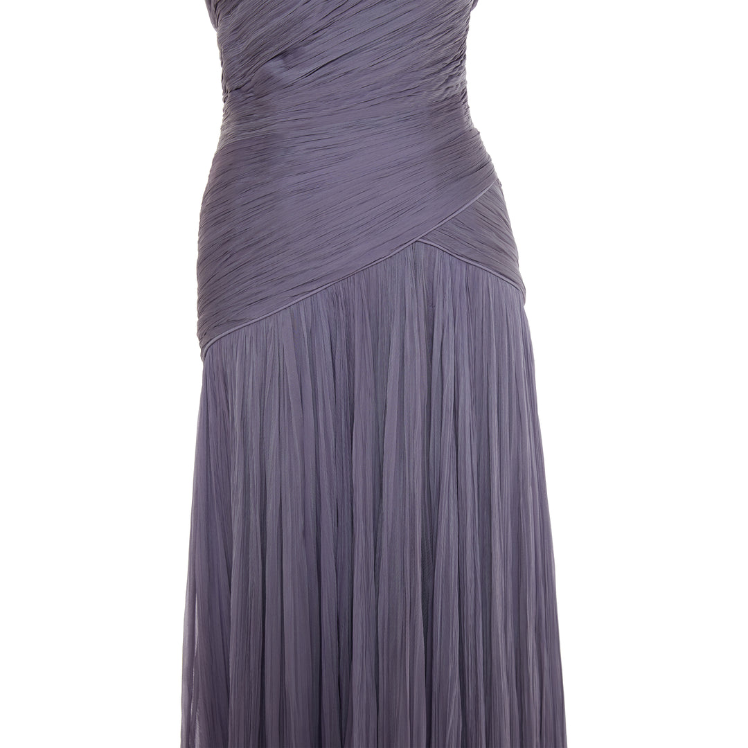 ALINA - STRAPLESS PLEATED CHIFFON GOWN WITH CAPE