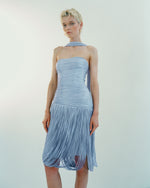 Load image into Gallery viewer, YASMINA - STRAPLESS PLEATED SILK MIDI WITH CORSET AND FRINGES
