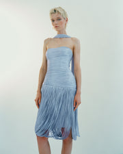YASMINA - STRAPLESS PLEATED SILK MIDI WITH CORSET AND FRINGES