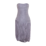 Load image into Gallery viewer, YASMINA - STRAPLESS PLEATED SILK MIDI WITH CORSET AND FRINGES
