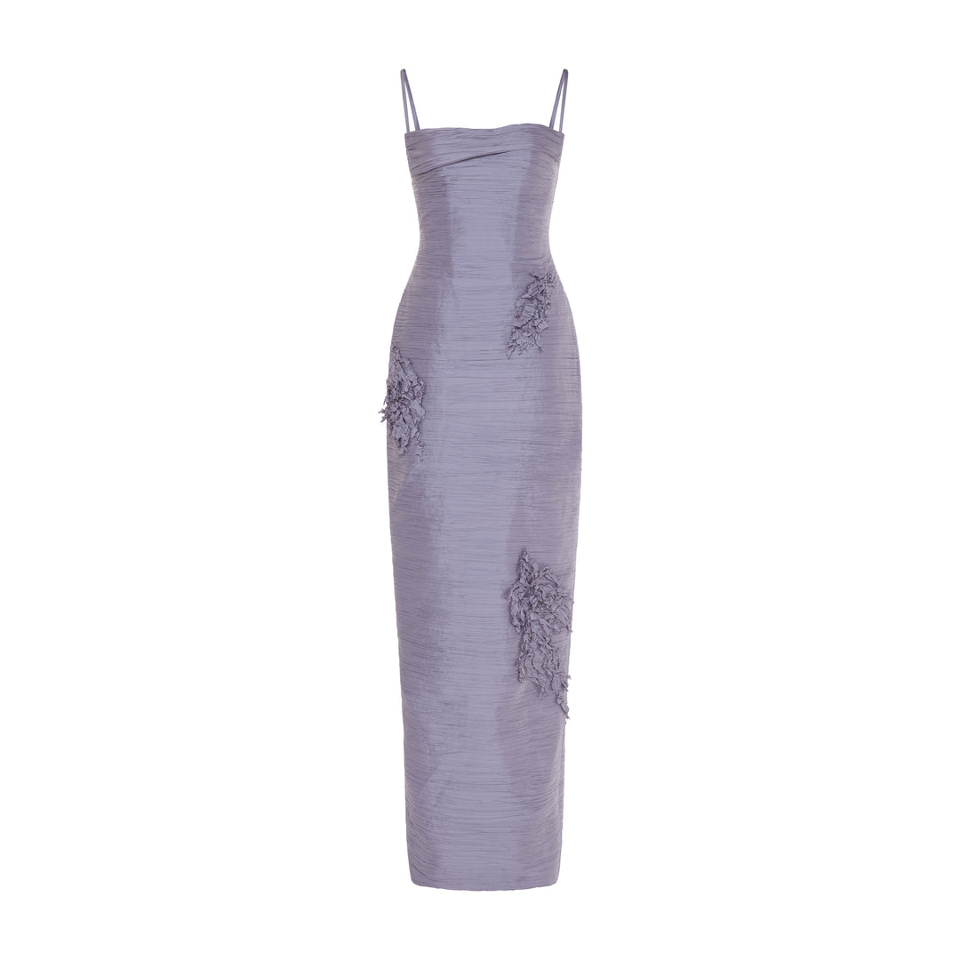 MARISOL - STRAPPY PLEATED TAFFETA GOWN WITH EMBROIDERY