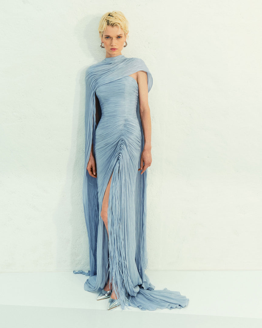 TATIANA - STRAPLESS PLEATED SILK GOWN WITH SLIT, FRINGES, CORSET AND CAPE Pink / 34 / SILK TATIANA - STRAPLESS PLEATED SILK GOWN WITH SLIT, FRINGES, CORSET AND CAPE Pink / 34 / SILK
