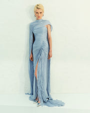 TATIANA - STRAPLESS PLEATED SILK GOWN WITH SLIT, FRINGES, CORSET AND CAPE