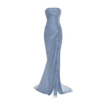 Load image into Gallery viewer, TATIANA - STRAPLESS PLEATED SILK GOWN WITH SLIT, FRINGES, CORSET AND CAPE

