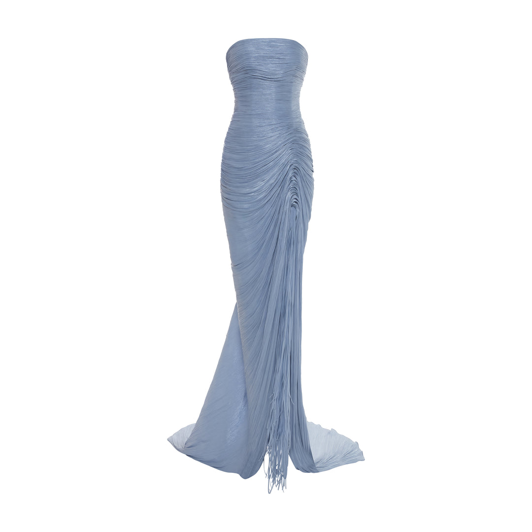 TATIANA - STRAPLESS PLEATED SILK GOWN WITH SLIT, FRINGES, CORSET AND CAPE