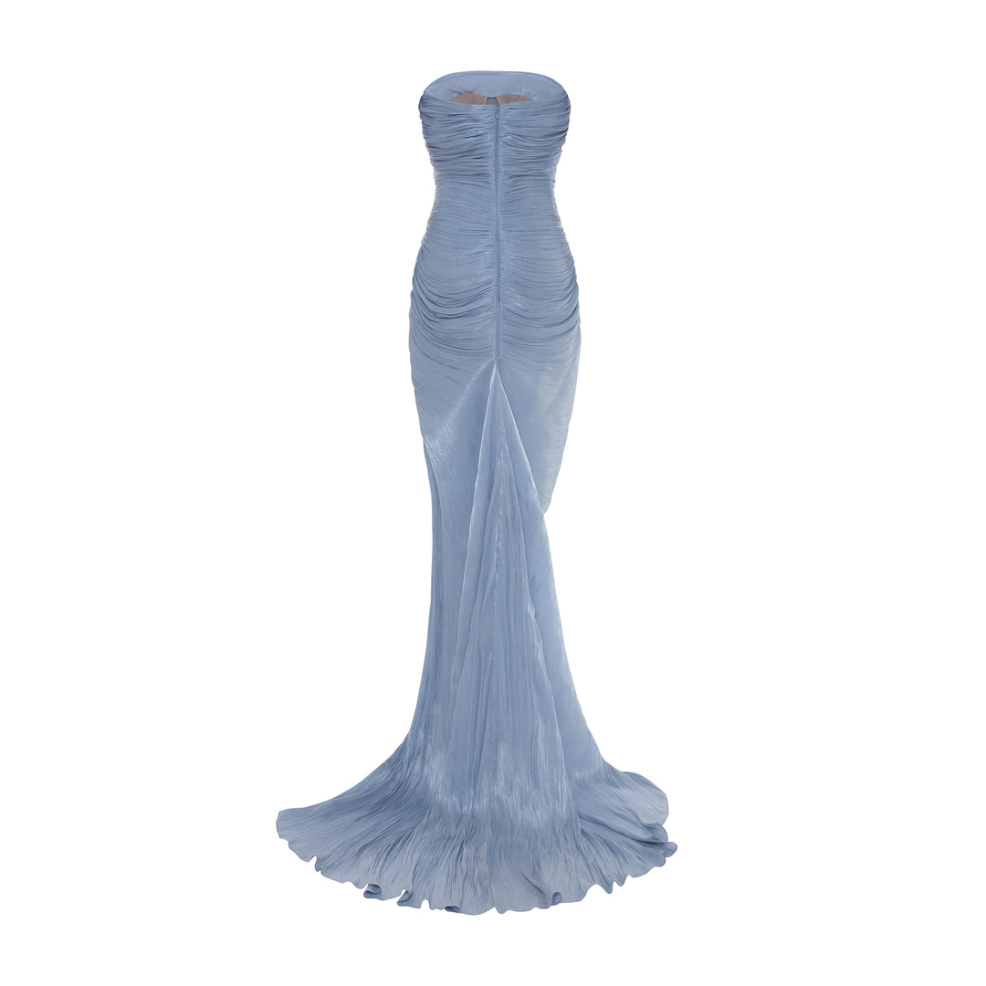 TATIANA - STRAPLESS PLEATED SILK GOWN WITH SLIT, FRINGES, CORSET AND CAPE