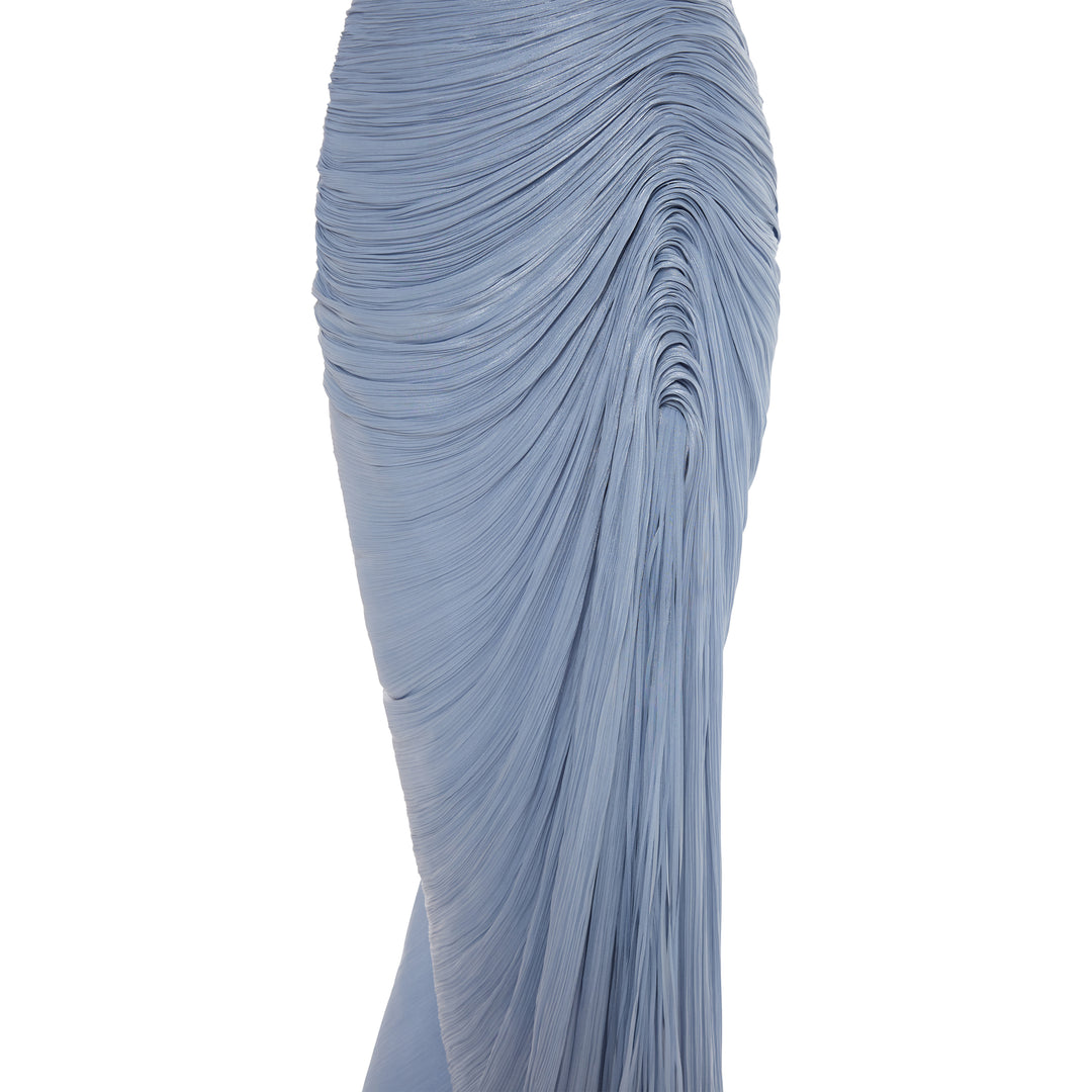 TATIANA - STRAPLESS PLEATED SILK GOWN WITH SLIT, FRINGES, CORSET AND CAPE