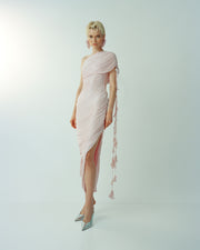 ISEL - ONE-SHOULDER PLEATED SILK GOWN WITH PETALS AND SLIT